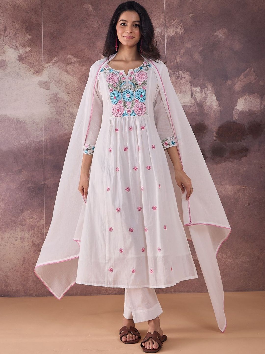 Floral Embroidered Thread Work Pure Cotton A-Line Kurta With Trousers & Dupatta