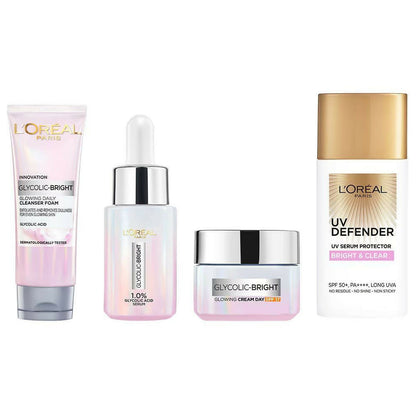 L'Oreal Paris Glycolic Acid skincare regime kit with sunscreen, featuring cleanser, serum, moisturizer, and SPF protection.