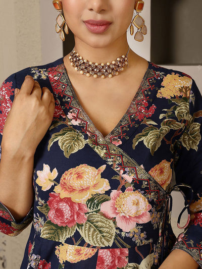 Indyancart SN Women's Floral Printed Pure Cotton Anarkali Kurta with Palazzo & Dupatta