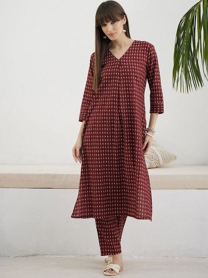 Indyancart IE Printed Pure Cotton V-Neck Top With Trousers Co-Ords