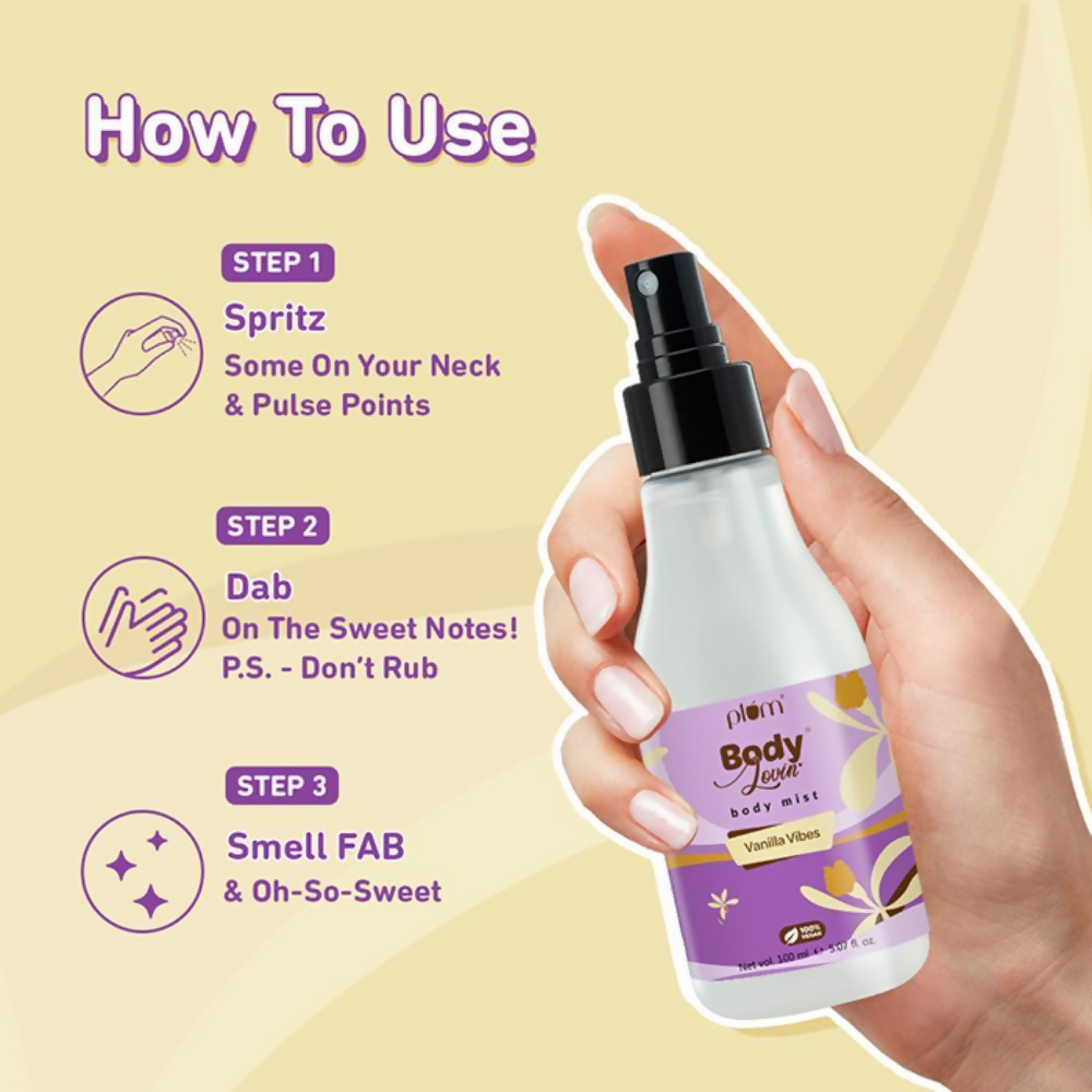 Plum BodyLovin Vanilla Vibes body mist bottle with vanilla scent in a clear spray container for skin and personal care.
