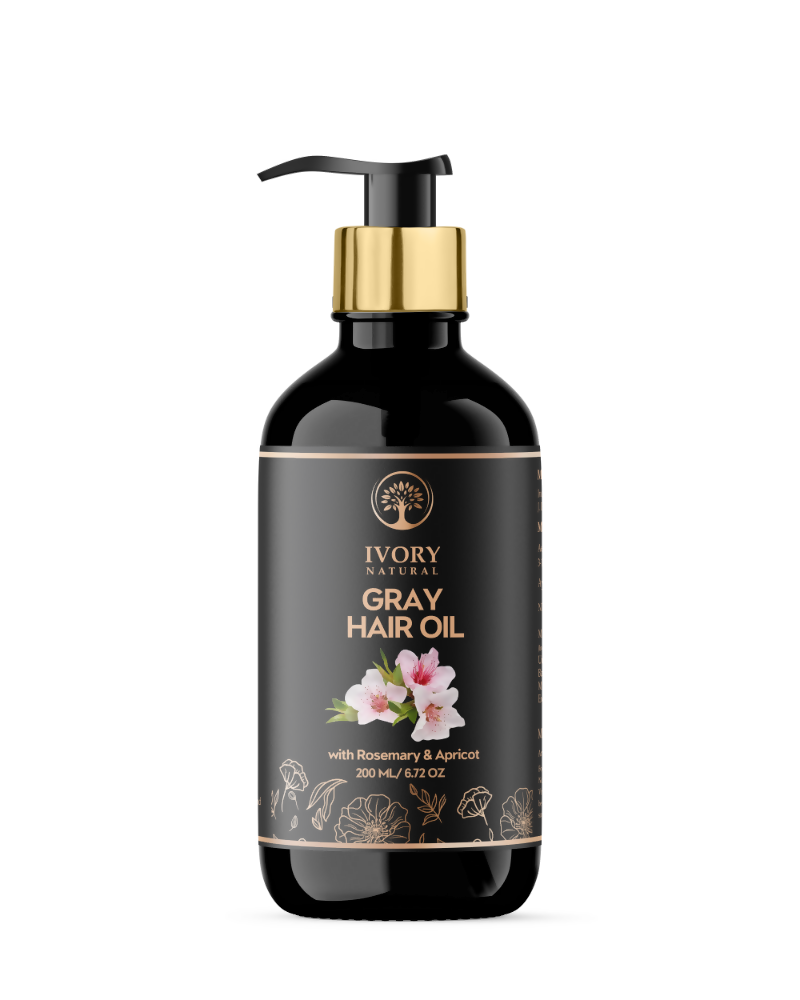 Ivory Natural Gray Oil Restore hair oil in a clear bottle, showing the light-colored liquid for natural black hair shine and restoration.