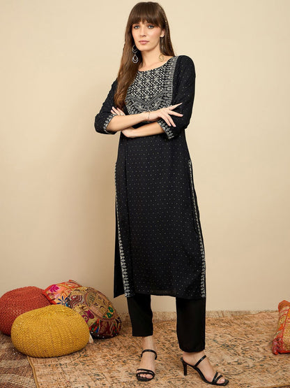 Indyancart IE Floral Embroidered Zari Straight Kurta