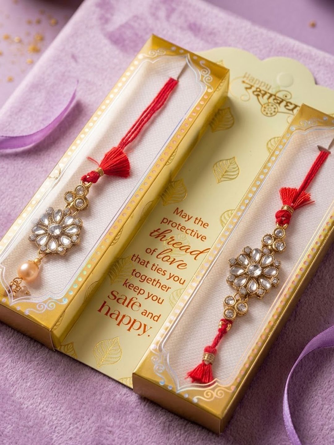 Anouk Set Of 2 Red Kundan Studded Floral Design Bhaiya Bhabhi Rakhi With Roli Chawal