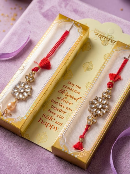 Anouk Set Of 2 Red Kundan Studded Floral Design Bhaiya Bhabhi Rakhi With Roli Chawal