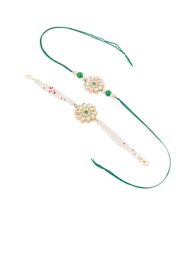 Indyancart Set Of 2 Kundan Floral Design Gold Toned Bhaiya Bhabhi Rakhi Set With Roli Chawal