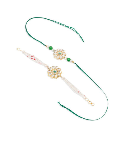 Anouk Set Of 2 Kundan Floral Design Gold Toned Bhaiya Bhabhi Rakhi Set With Roli Chawal
