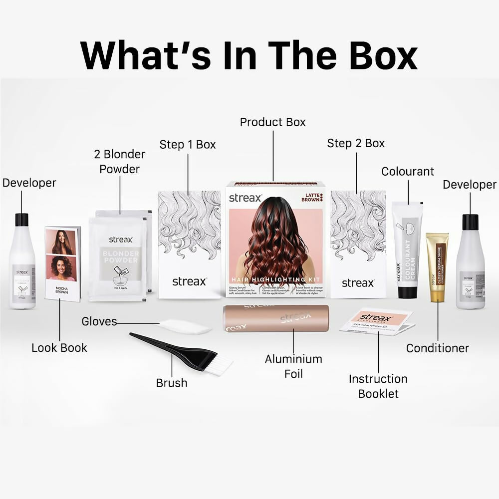 Streax Professional Latte Brown hair color highlighting kit with applicator brush and gloves for salon-quality hair highlights.