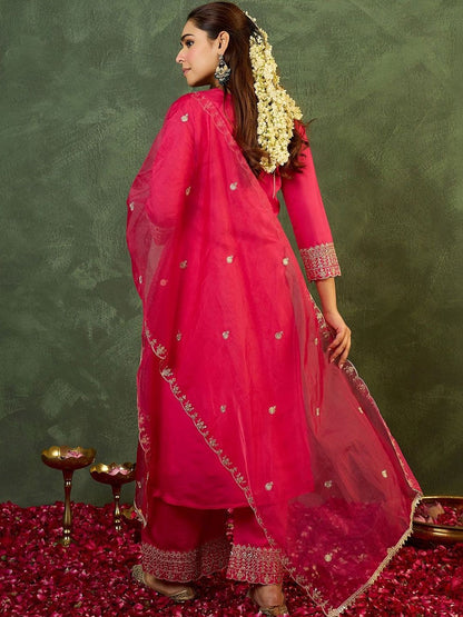 Indyancart IE Women Ethnic Motifs Embroidered Regular Thread Work Kurta with Palazzos & With Dupatta