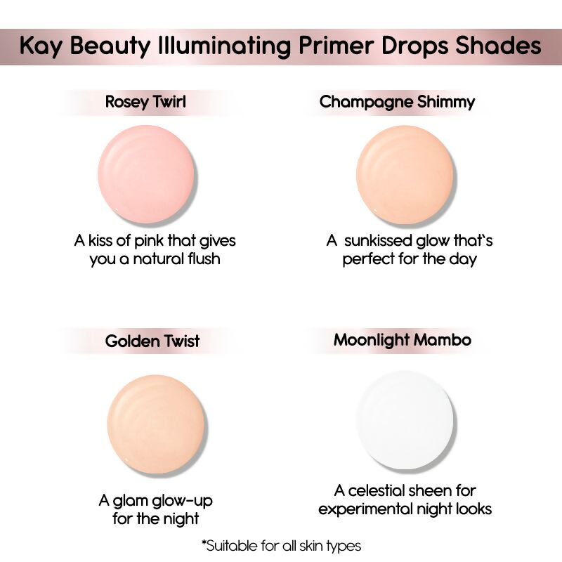 Kay Beauty Illuminating Primer Drops in Rosey Twirl, a face primer with a rosy hue and luminous finish for glowing skin.