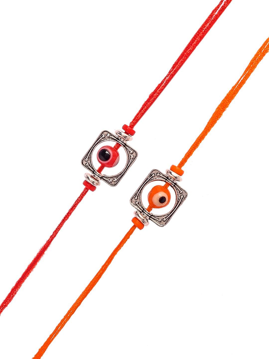 Anouk Silver Toned Set Of 2 Beaded Thread Rakhis With Roli Chawal & Greeting Card