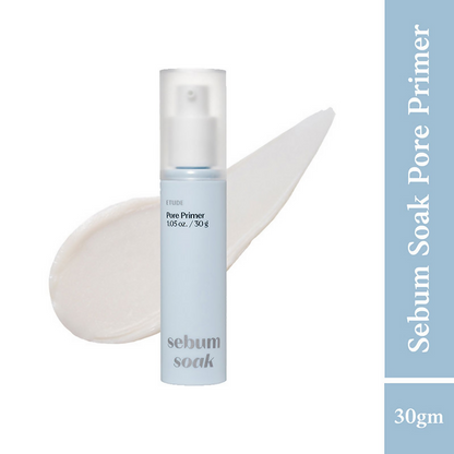 Etude House Sebum Soak Pore Primer applied on a face, showing smooth skin and pore coverage in a close-up shot.
