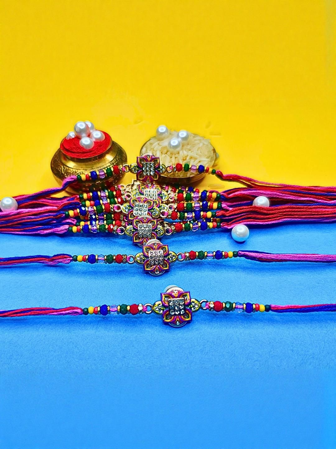 Anouk Set Of 12 Beaded Cotton Thread with AD Stones & Meenakari Designer Rakhi for Brother