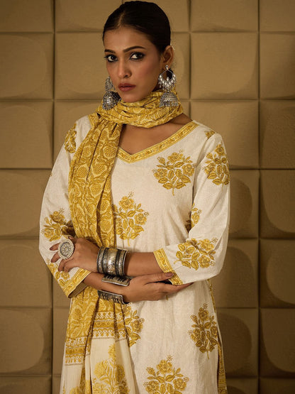 Floral Printed V-Neck Pure Cotton Straight Kurta With Salwar & Dupatta