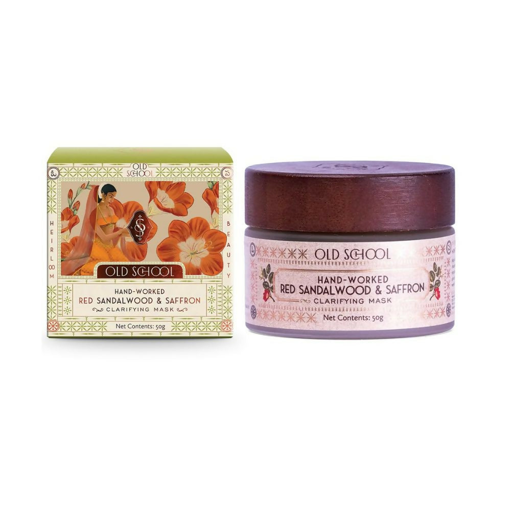 Old School Rituals red sandalwood and saffron clarifying face mask in a jar, highlighting its rich, natural ingredients.