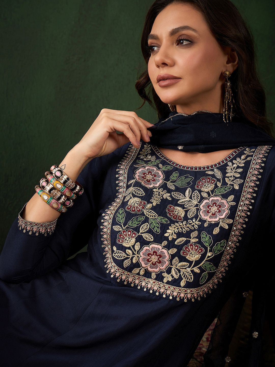 Indyancart SN Women's Navy Blue Floral Yoke Design Sequinned A-Line Kurta With Trouser & Dupatta