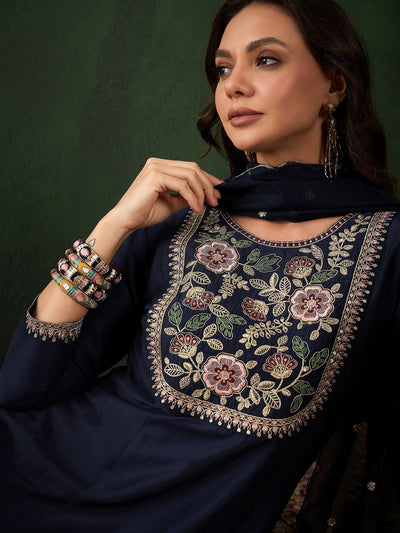 Indyancart SN Women's Navy Blue Floral Yoke Design Sequinned A-Line Kurta With Trouser & Dupatta