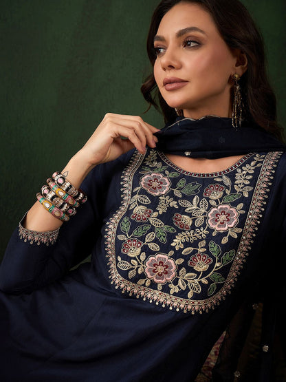 Indyancart SN Women's Navy Blue Floral Yoke Design Sequinned A-Line Kurta With Trouser & Dupatta
