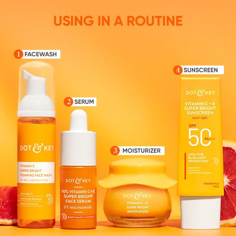 Dot & Key Vitamin C sunscreen in a sleek tube, part of the cleanser, serum, moisturizer, sunscreen combo for bright, protected skin.