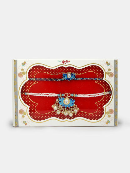 Anouk Unisex Set Of 2 Blue Lotus Shape Kundan-Studded & Beaded Wraparound Rakhi Set