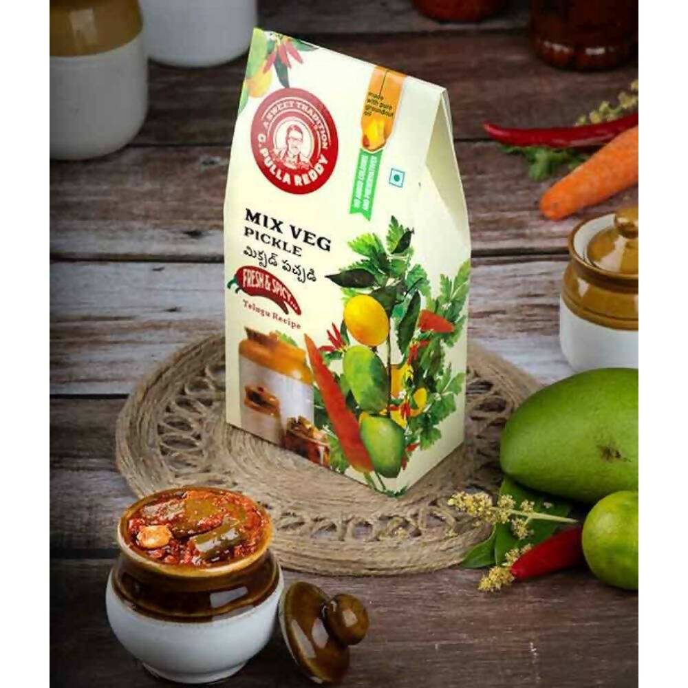 G Pulla Reddy Sweets Mix Veg Pickle jar showing colorful assortment of North Indian-style pickled vegetables.