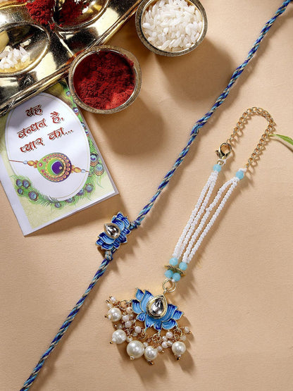 Anouk Unisex Set Of 2 Blue Lotus Shape Kundan-Studded & Beaded Wraparound Rakhi Set