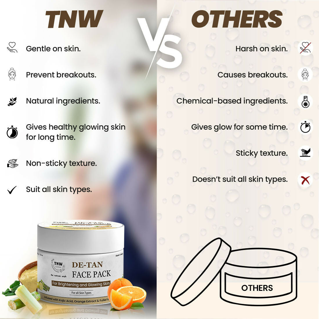 The Natural Wash De-Tan Face Pack for glowing skin, showing a jar of herbal face mask with natural ingredients and application spread.