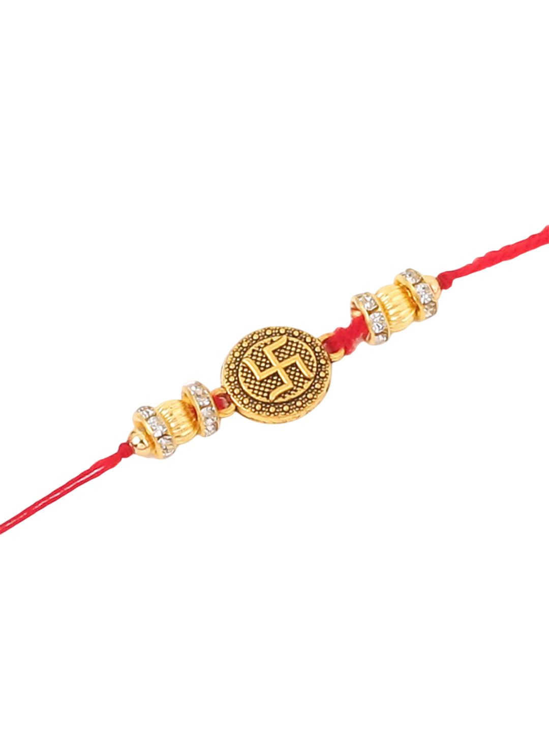 Anouk Men Set Of 4 Gold Toned Artificial Stones Swastik Design Thread Rakhi