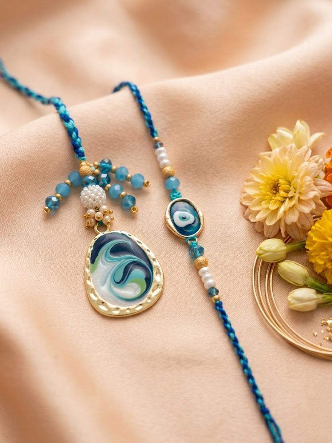 Anouk Set Of 2 Blue Evil Eye Traditional Gold Toned Bhaiya Bhabhi Rakhi With Roli Chawal
