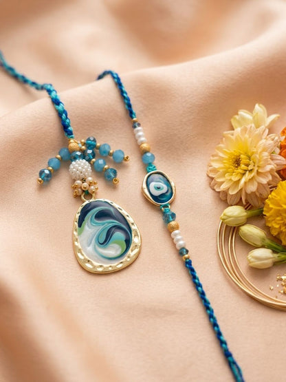 Anouk Set Of 2 Blue Evil Eye Traditional Gold Toned Bhaiya Bhabhi Rakhi With Roli Chawal