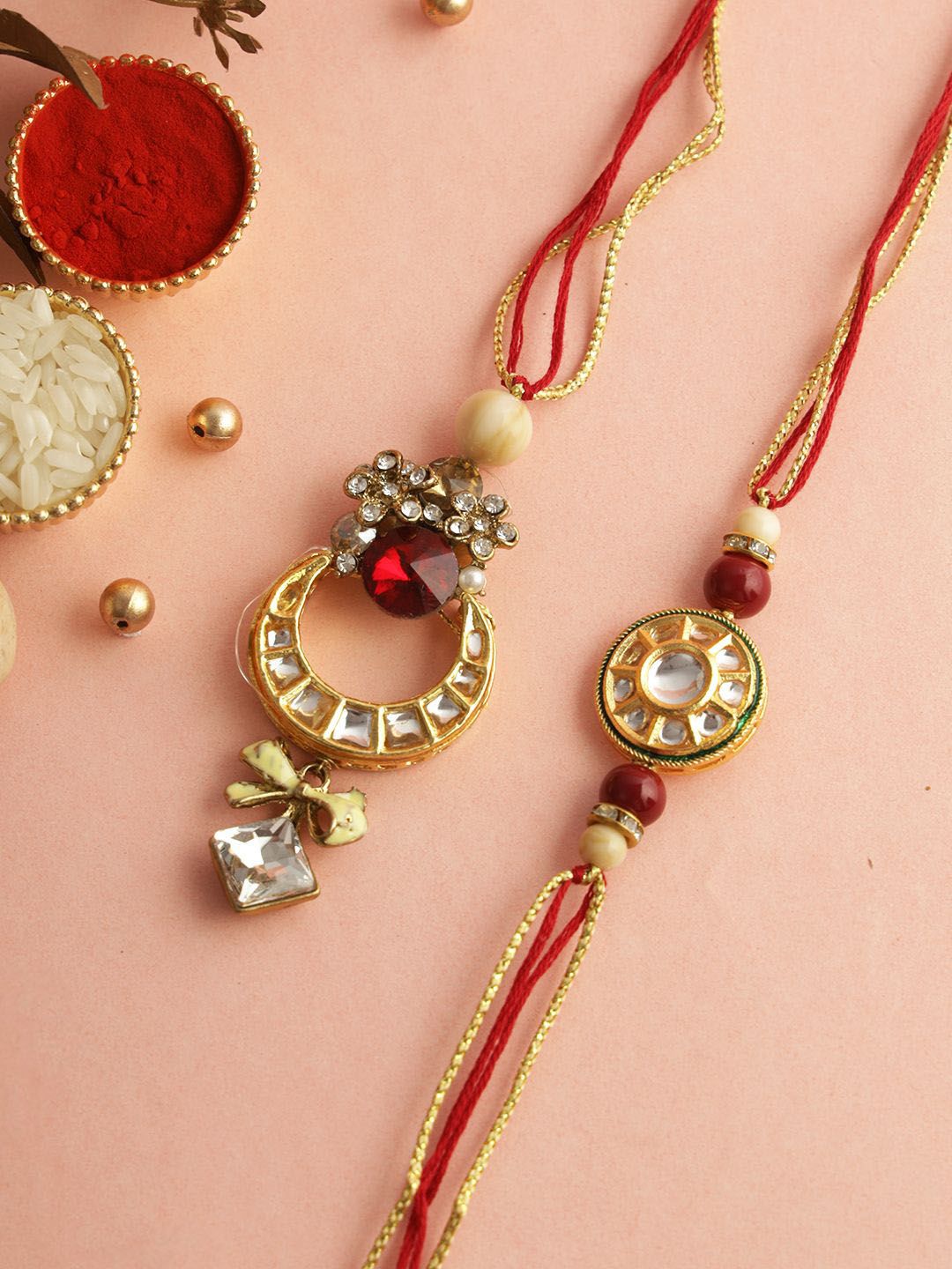 Anouk Red Stone Studded & Beaded Bhaiya Bhabhi Thread Rakhis With Roli Chawal