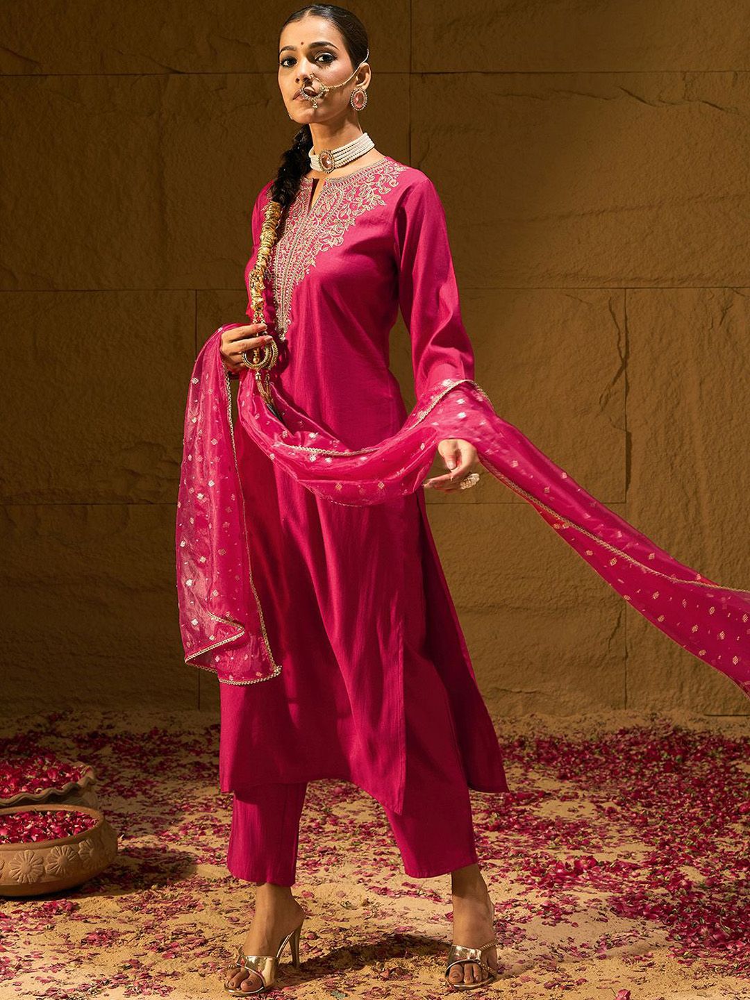 Indyancart IE Ethnic Motifs Yoke Design Straight Zari Liva Kurta with Trousers & Dupatta