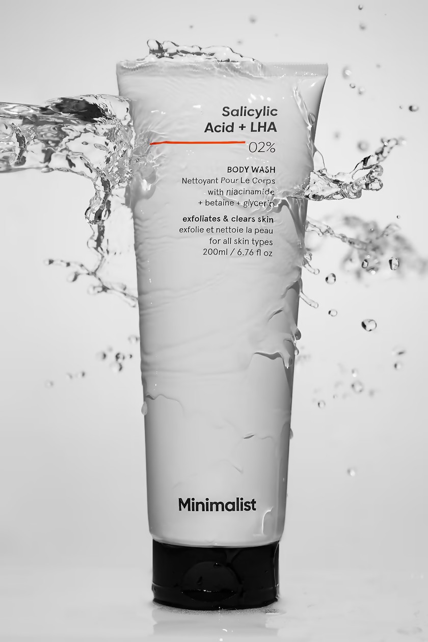 Minimalist Salicylic Acid + LHA 2% Body Wash bottle with clear label, showing a minimalist design and white pump dispenser.