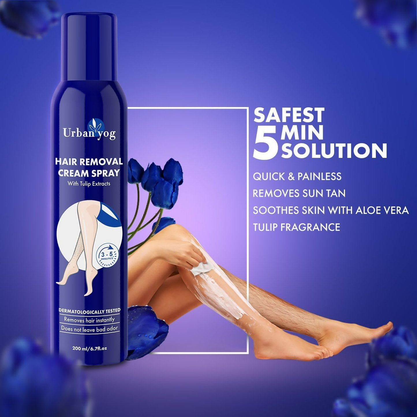Urban Yog hair removal cream spray for women, showing the spray bottle with product label and applicator nozzle.