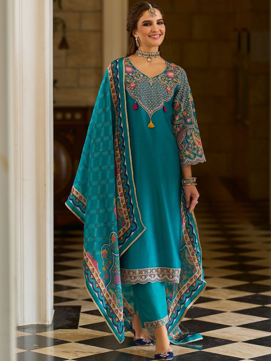 Ethnic Motifs Printed V-Neck Thread Work Kurta With Trousers & Dupatta