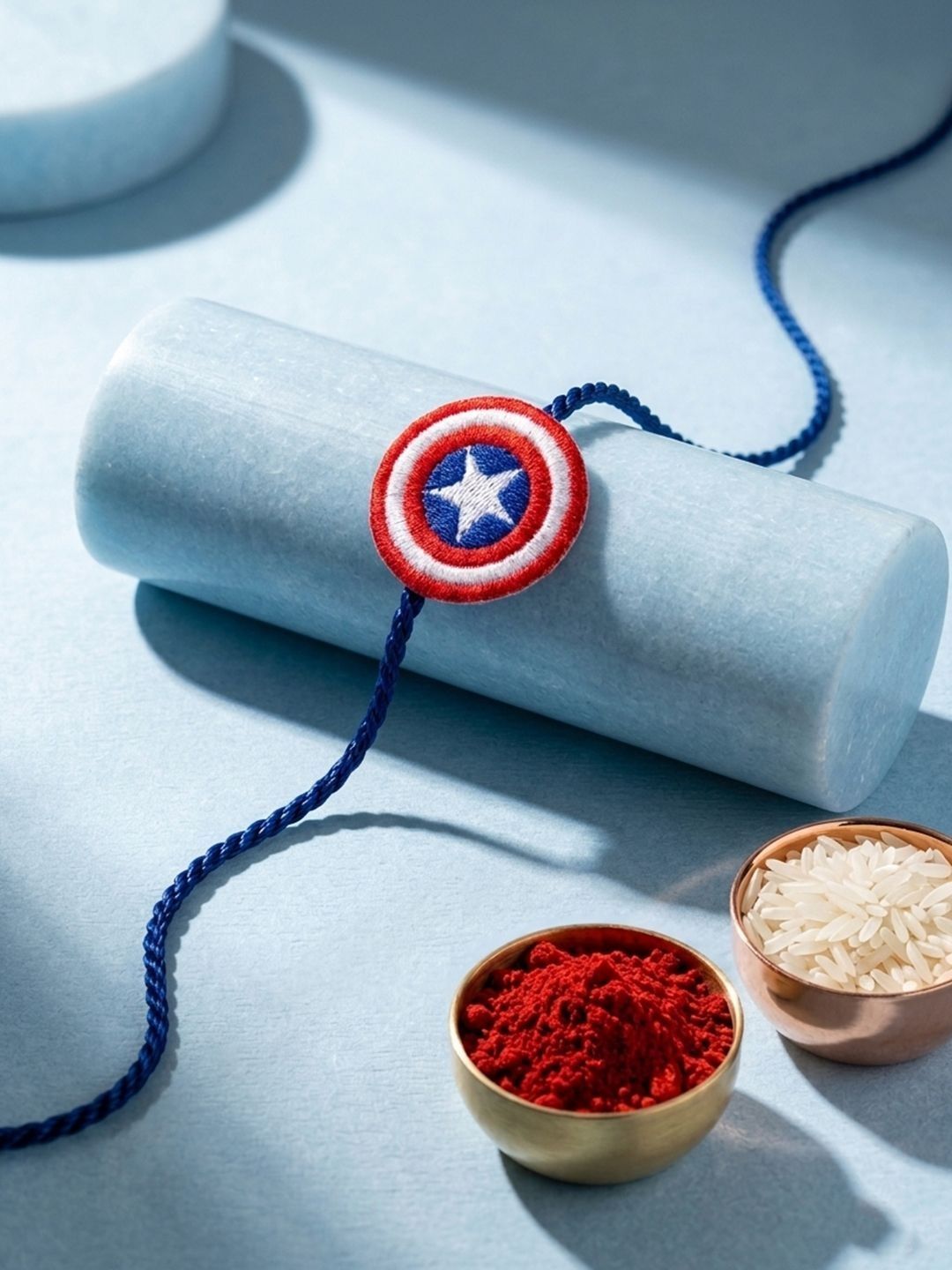 Anouk Stylish Red & Blue Avengers Design Kids Rakhi With Roli Chawal Chandan Mishri