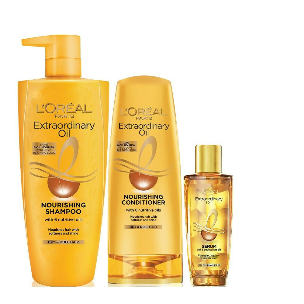 L'Oreal Paris Extraordinary Oil hair combo featuring bottles of nourishing hair oils for shiny, frizz-free hair.