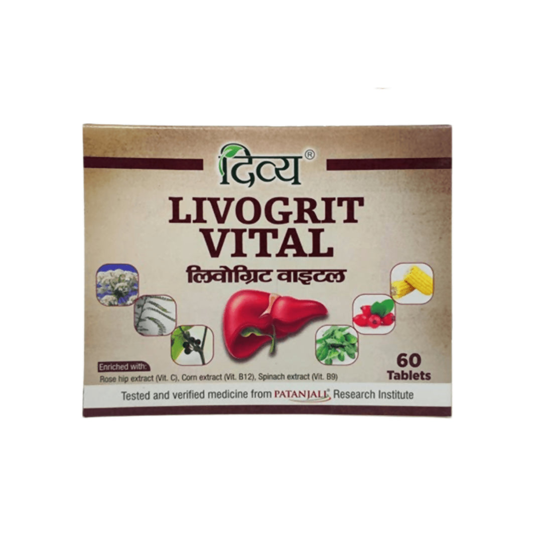 Patanjali Divya Livogrit Ayurvedic Vital Tablets in a bottle, showcasing the herbal supplement for liver health.