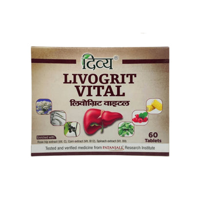 Patanjali Divya Livogrit Ayurvedic Vital Tablets in a bottle, showcasing the herbal supplement for liver health.