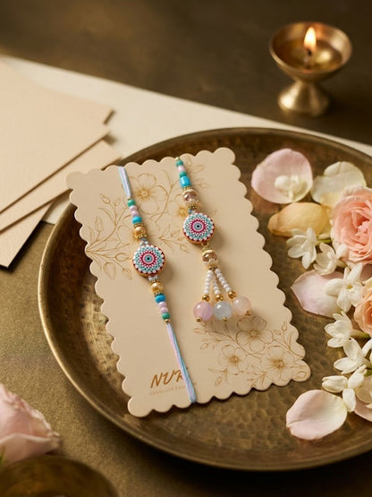 Anouk Set Of 2 Floral Design Bhaiya Bhabhi Rakhi With Roli Chawal Chandan Mishri