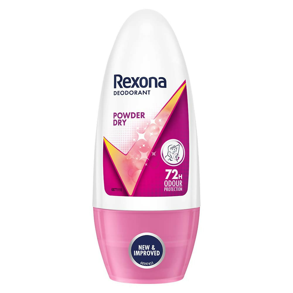 Rexona Powder Dry underarm roll-on deodorant for women, showing the cream applicator and packaging.