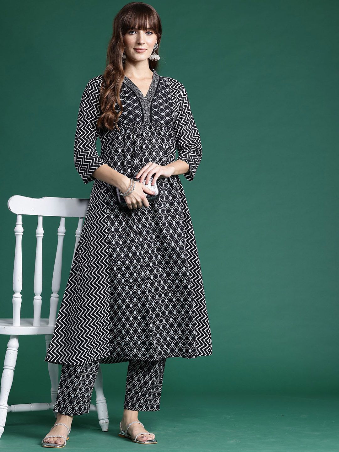 Ethnic Motifs Printed A-Line Pure Cotton Kurta with Trousers