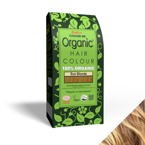 Radico Organic Sun Blonde hair color powder in a jar, showcasing the natural hair dye product with a vibrant blonde shade.