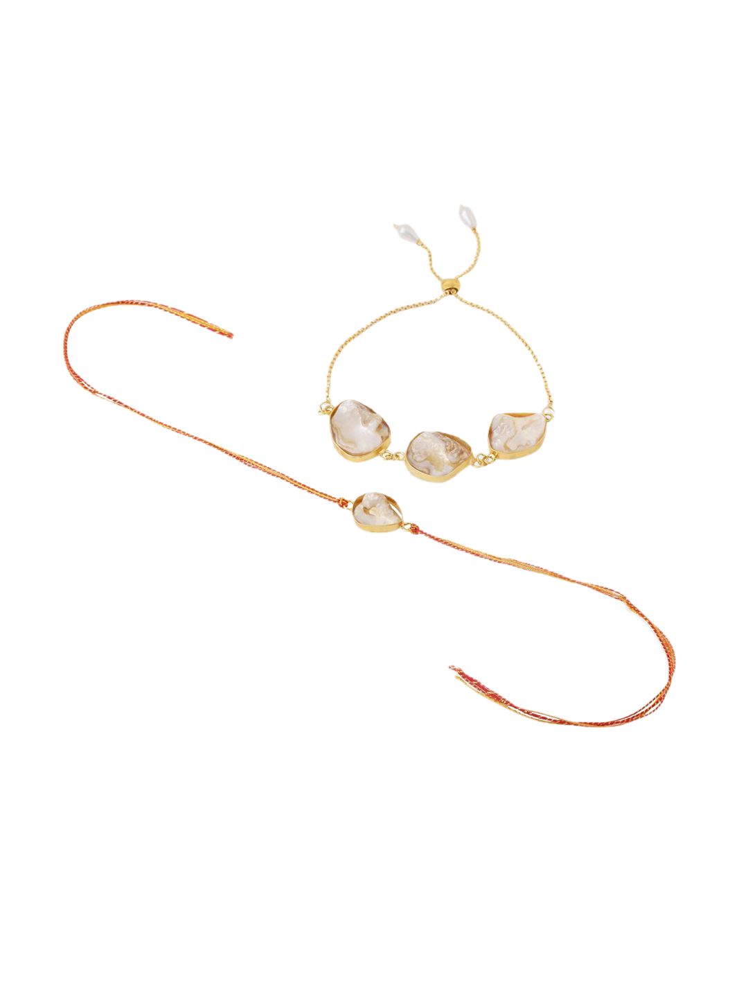 Anouk Set Of 2 Gold Toned Pearls Bhaiya Bhabhi Rakhi With Roli Chawal Chandan Mishri