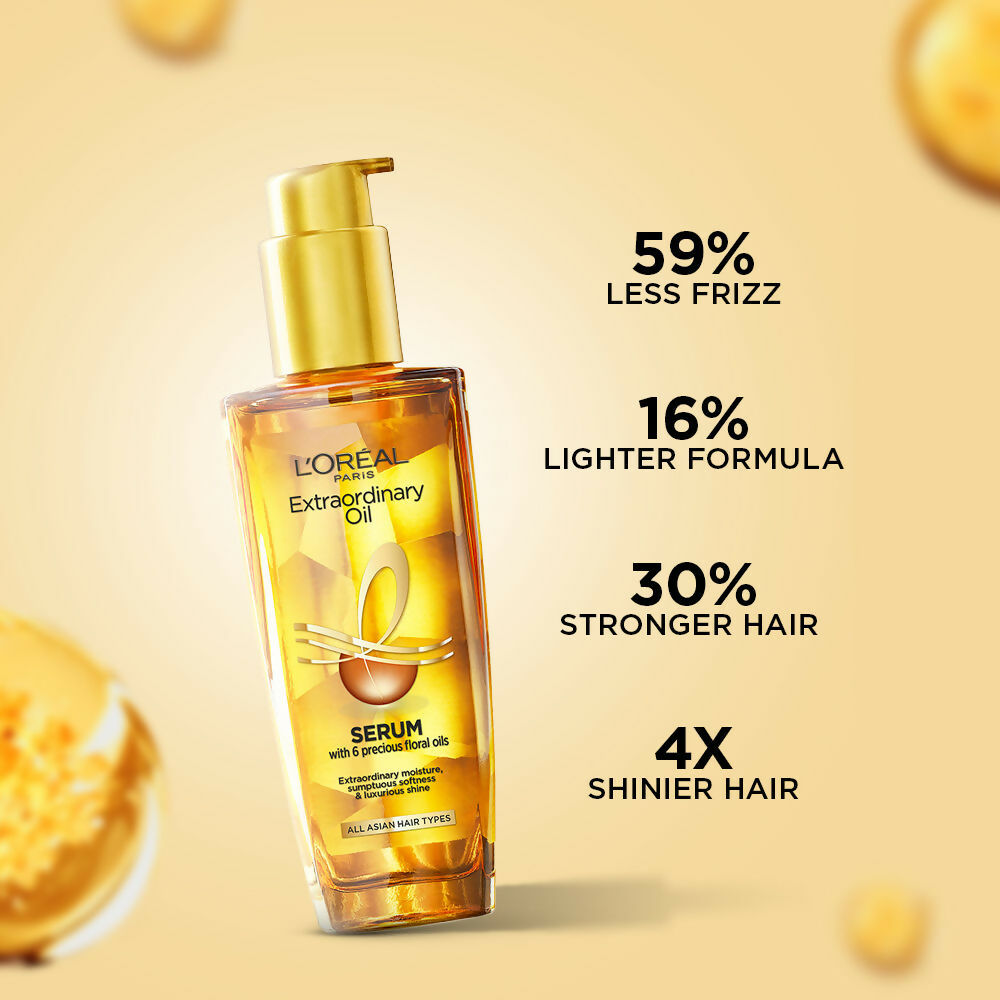 L'Oreal Paris Extraordinary Oil hair products for shiny, frizz-free hair, featuring bottles of nourishing hair oil.