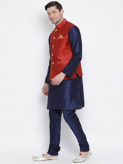 Men's Dark Blue Silk Blend Straight Jacket  Kurta and Pyjama Set