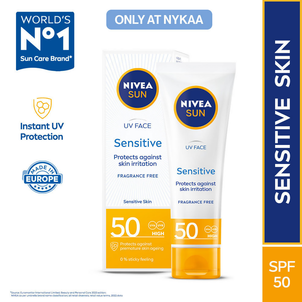 Nivea Sun Sensitive Skin SPF 50 sunscreen tube with a white cap and label, designed for sensitive skin protection.