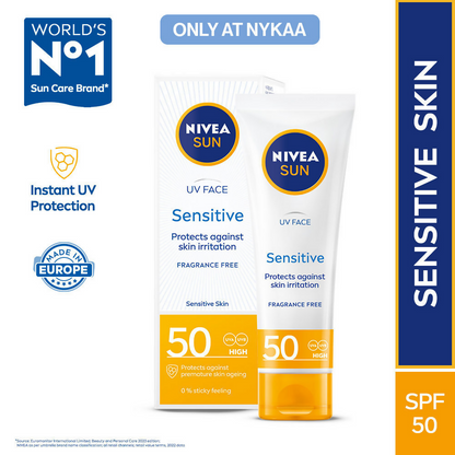 Nivea Sun Sensitive Skin SPF 50 sunscreen tube with a white cap and label, designed for sensitive skin protection.