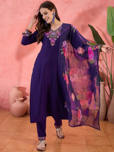 Indyancart SN Women's Purple Floral Embroidered V-Neck Sequinned Straight Kurta With Trousers & Dupatta