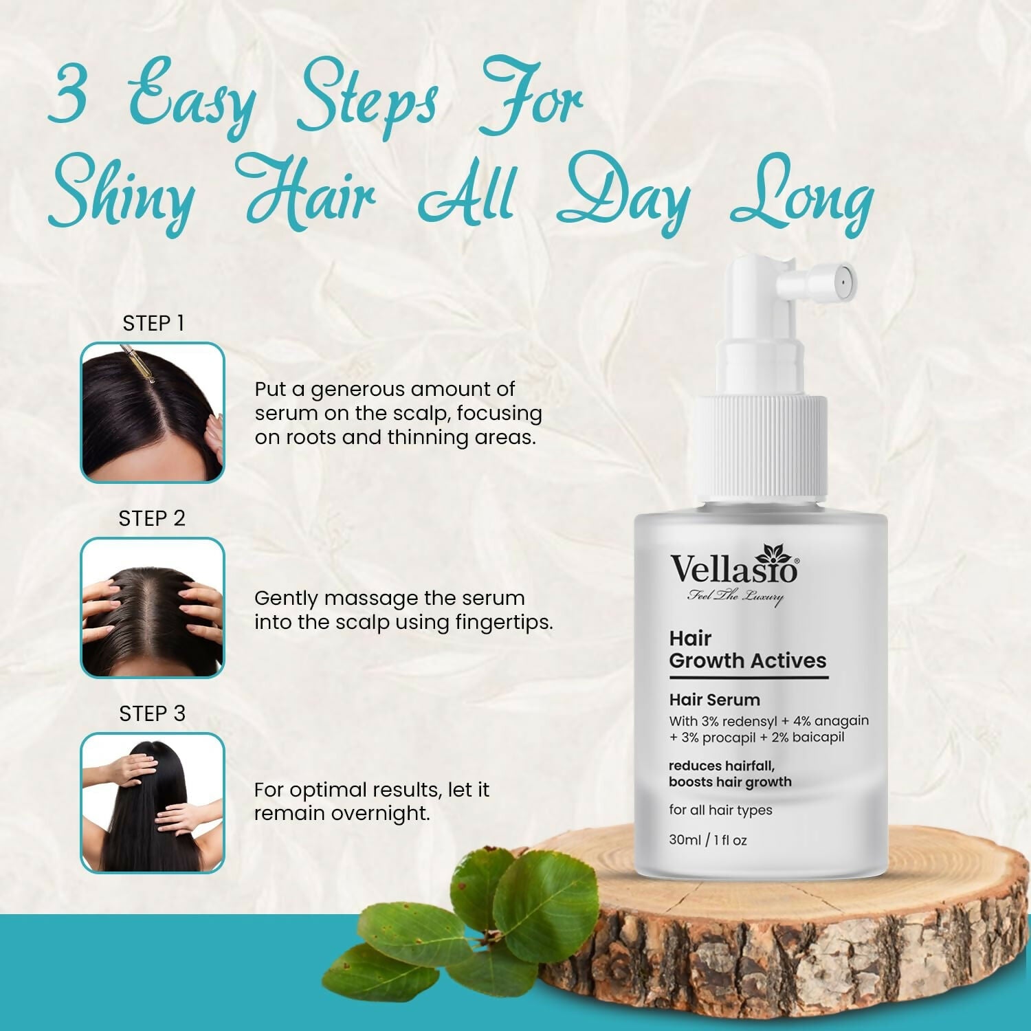 Vellasio Hair Growth Serum with Redensyl, Anagain, Procaoil, and Baicapil for thicker, healthier hair.